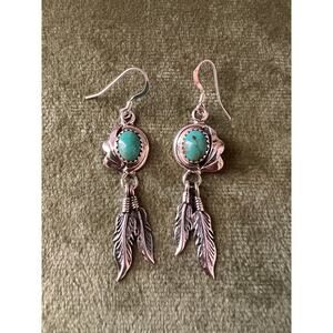Sharon McCarthy Sterling Turquoise Feather Earrings Signed Native Southwest 2”